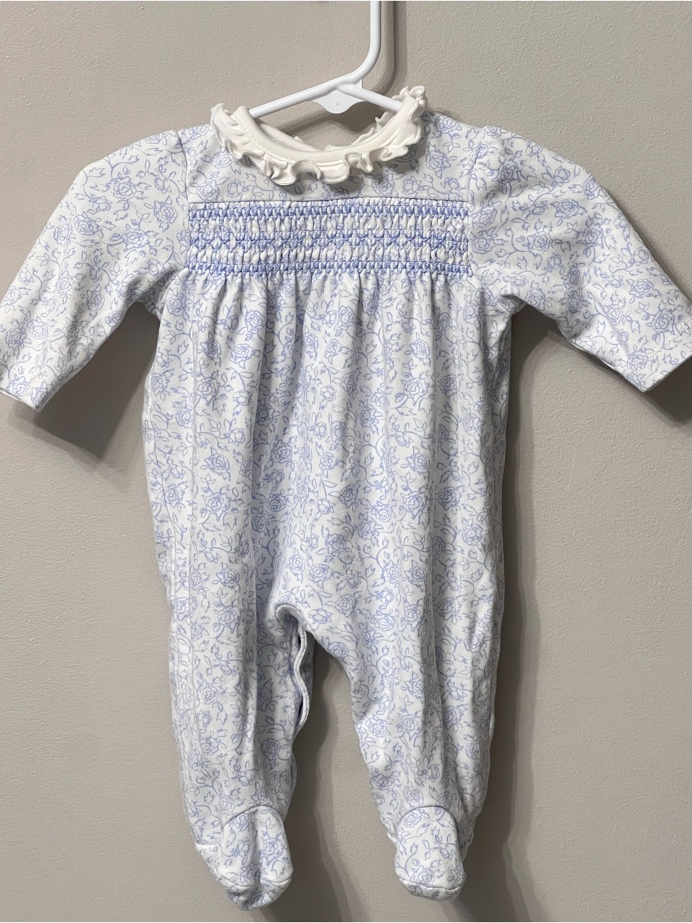 Vintage Baby Smocked Footed One-Piece in Light Blue Floral